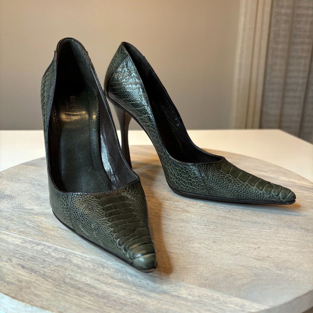 Gucci Dark Green Croc-Embossed Heels